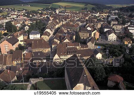 Switzerland, Jura, Scenic view of the village of Porrentruy from the medieval castle View Large Photo Image Stock Photography - Switzerland, Jura, Scenic view of the village of Porrentruy from the medieval castle . Fotosearch