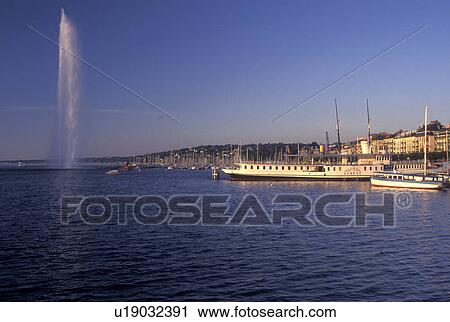Switzerland, Lake Geneva, Jet d' Eau, Geneva, Boats docked at a marina in the harbor of Lac Leman in Geneva. View Large Photo Image Stock Image - Switzerland, Lake Geneva, Jet d' Eau, Geneva, Boats docked at a marina in the harbor of Lac Leman in Geneva. . Fotosearch