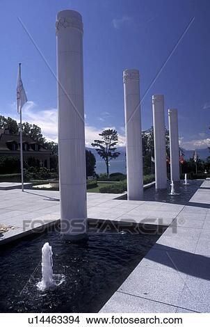 Picture -  Switzerland, Lausanne, Ouchy, Olympic Museum, Vaud, Fountain and columns outside the Musee Olympique in Lausanne.. Fotosearch