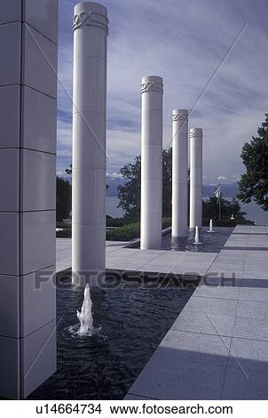 Picture -  Switzerland, Lausanne, Ouchy, Olympic Museum, Vaud, Fountain and columns outside the Musee Olympique in Lausanne. Fotosearch
