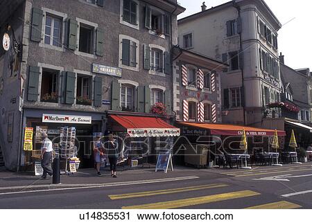 Switzerland, Lausanne, Ouchy, Vaud, Outdoor cafT and shops along the street in Ouchy. View Large Photo Image Stock Image - Switzerland, Lausanne, Ouchy, Vaud, Outdoor cafT and shops along the street in Ouchy.. Fotosearch