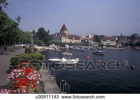 Switzerland, Lausanne, Ouchy, Vaud, Lac Leman, Lakefront park along Lake Geneva. View Large Photo Image Stock Image - Switzerland, Lausanne, Ouchy, Vaud, Lac Leman, Lakefront park along Lake Geneva. . Fotosearch
