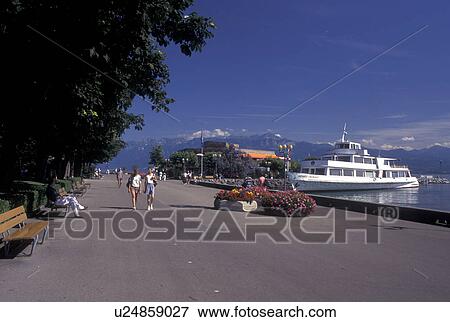 Stock Photo -  Switzerland, Lausanne, Ouchy, Vaud, Lac Leman, excursion boat, lakefront park, Lake Geneva. Fotosearch