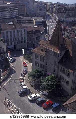 Switzerland, Lausanne, Vaud, Aerial view of the city of Lausanne from the cathedral View Large Photo Image Stock Photo - Switzerland, Lausanne, Vaud, Aerial view of the city of Lausanne from the cathedral. Fotosearch