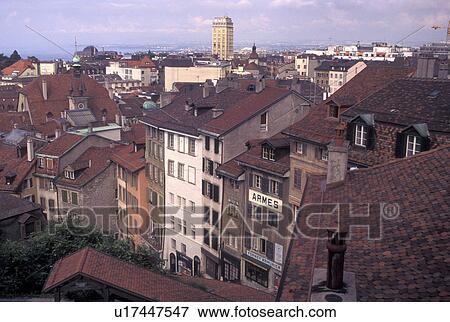 Stock Photo -  Switzerland, Lausanne, Vaud, Aerial view of the rooftops of the city of Lausanne from the cathedral.. Fotosearch