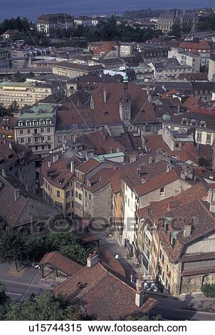 Switzerland, Lausanne, Vaud, Aerial view of the rooftops of the city of Lausanne from the cathedral. View Large Photo Image Stock Photography - Switzerland, Lausanne, Vaud, Aerial view of the rooftops of the city of Lausanne from the cathedral.. Fotosearch