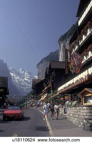 Picture -  Switzerland, Lauterbrunnen, Bern, Bernese Alps, Bernese Oberland, Europe, Scenic village of Lauterbrunnen in the Bernese Alps.. Fotosearch