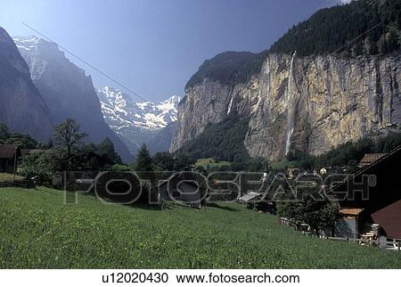 Switzerland, Lauterbrunnen, Bern, Bernese Alps, Bernese Oberland, Europe, Scenic view of the village of Lauterbrunnen in the Bernese Alps. View Large Photo Image Stock Image - Switzerland, Lauterbrunnen, Bern, Bernese Alps, Bernese Oberland, Europe, Scenic view of the village of Lauterbrunnen in the Bernese Alps.. Fotosearch
