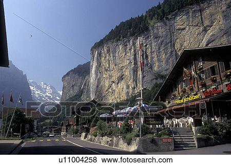 Stock Photo -  Switzerland, Lauterbrunnen, Bern, Bernese Alps, Bernese Oberland, Europe, Scenic village of Lauterbrunnen in the Bernese Alps.. Fotosearch