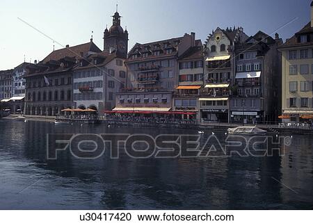 Switzerland, Luzern, Lucerne, Europe, Scenic view of Luzern along the Reuss River. View Large Photo Image Stock Image - Switzerland, Luzern, Lucerne, Europe, Scenic view of Luzern along the Reuss River.. Fotosearch
