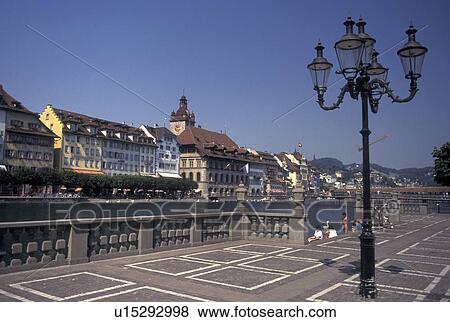 Switzerland, Luzern, Lucerne, Europe, The waterfront along the Reuss River in downtown of Luzern. View Large Photo Image Stock Photo - Switzerland, Luzern, Lucerne, Europe, The waterfront along the Reuss River in downtown of Luzern.. Fotosearch