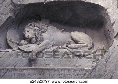 Switzerland, Luzern, Lucerne, Europe, Lowendenkmal, The Lion Monument, carved out of natural roc in 1820, outside the Gletschergarten (Glacier Garden) in Luzern. View Large Photo Image Stock Photo - Switzerland, Luzern, Lucerne, Europe, Lowendenkmal, The Lion Monument, carved out of natural roc in 1820, outside the Gletschergarten (Glacier Garden) in Luzern.. Fotosearch