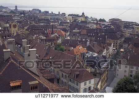 Switzerland, Neuchatel, Scenic aerial view of the city of Neuchatel and Lake Neuchatel View Large Photo Image Stock Photo - Switzerland, Neuchatel, Scenic aerial view of the city of Neuchatel and Lake Neuchatel . Fotosearch