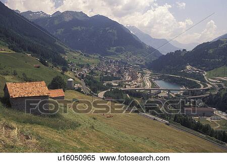 Stock Photography -  Switzerland, Ticino, Airolo, Val Leventina, St. Gotthard Pass, Alps, Entrance to the Saint Gotthard Mountain Pass in the scenic Swiss Alps.. Fotosearch