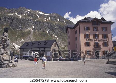 Switzerland, Ticino, Alps, Saint Gotthard Pass Road, Restaurant on the summit of St. Gotthard Mountain Pass in the scenic Swiss Alps in the summer. View Large Photo Image Stock Photo - Switzerland, Ticino, Alps, Saint Gotthard Pass Road, Restaurant on the summit of St. Gotthard Mountain Pass in the scenic Swiss Alps in the summer.. Fotosearch