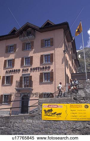 Switzerland, Ticino, Alps, Saint Gotthard Pass Road, Restaurant on the summit of St. Gotthard Mountain Pass in the scenic Swiss Alps in the summer. View Large Photo Image Stock Photography - Switzerland, Ticino, Alps, Saint Gotthard Pass Road, Restaurant on the summit of St. Gotthard Mountain Pass in the scenic Swiss Alps in the summer.. Fotosearch