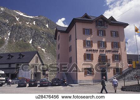 Switzerland, Ticino, Saint Gotthard Pass Road, Alps, Restaurant on the summit of St. Gotthard Mountain Pass in the scenic Swiss Alps in the summer. View Large Photo Image Stock Photograph - Switzerland, Ticino, Saint Gotthard Pass Road, Alps, Restaurant on the summit of St. Gotthard Mountain Pass in the scenic Swiss Alps in the summer.. Fotosearch