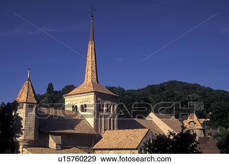 Stock Photo -  Switzerland, Vaud, Rooftops of the village of Romainmotier, . Fotosearch