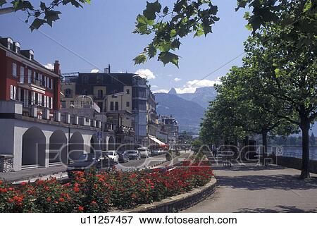 Switzerland, Vevey, Vaud, Lake Geneva, Scenic lakefront along Lac Leman in Vevey in the Canton of Vaud. View Large Photo Image Stock Photo - Switzerland, Vevey, Vaud, Lake Geneva, Scenic lakefront along Lac Leman in Vevey in the Canton of Vaud. . Fotosearch