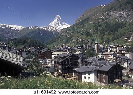 Switzerland, Zermatt, Matterhorn, Valais, Alps, Scenic view of the mountain resort village of Zermatt with a view of the Matterhorn in the Swiss Alps. View Large Photo Image Stock Image - Switzerland, Zermatt, Matterhorn, Valais, Alps, Scenic view of the mountain resort village of Zermatt with a view of the Matterhorn in the Swiss Alps.. Fotosearch