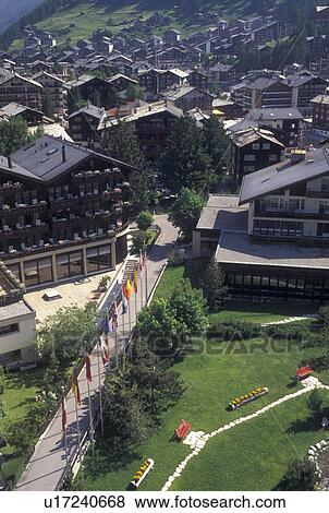 Switzerland, Zermatt, Valais, Alps, Aerial view of the mountain resort village of Zermatt in the Swiss Alps. View Large Photo Image Stock Photo - Switzerland, Zermatt, Valais, Alps, Aerial view of the mountain resort village of Zermatt in the Swiss Alps.. Fotosearch