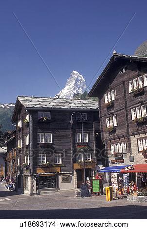 Switzerland, Zermatt, Valais, Matterhorn, Alps, Mountain resort village of Zermatt with a view of the Matterhorn in the background in the Swiss Alps. View Large Photo Image Picture - Switzerland, Zermatt, Valais, Matterhorn, Alps, Mountain resort village of Zermatt with a view of the Matterhorn in the background in the Swiss Alps.. Fotosearch