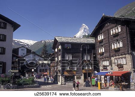 Picture -  Switzerland, Zermatt, Valais, Matterhorn, Alps, Mountain resort village of Zermatt with a view of the Matterhorn in the background in the Swiss Alps.. Fotosearch