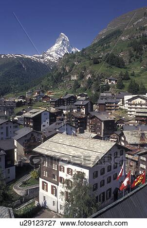 Stock Photo -  Switzerland, Zermatt, Valais, Matterhorn, Alps, Scenic view of the mountain resort village of Zermatt with a view of the Matterhorn in the Swiss Alps.. Fotosearch