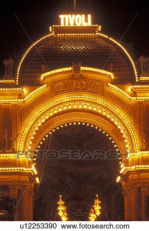 Tivoli Gardens, Copenhagen, Denmark, Scandinavia, Sjaelland, Europe, Entrance to Tivoli Amusement Park illuminated at night. View Large Photo Image Stock Image - Tivoli Gardens, Copenhagen, Denmark, Scandinavia, Sjaelland, Europe, Entrance to Tivoli Amusement Park illuminated at night.. Fotosearch