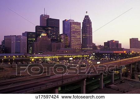 Toronto, Canada, Ontario, Skyline of downtown Toronto along Gardiner expressway in the evening. View Large Photo Image Picture - Toronto, Canada, Ontario, Skyline of downtown Toronto along Gardiner expressway in the evening. . Fotosearch