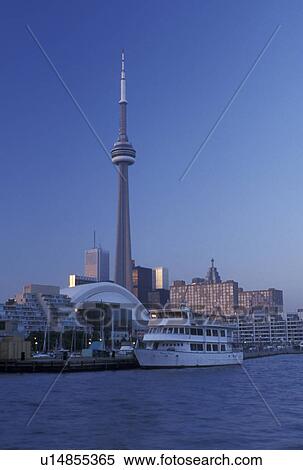 Stock Photography -  Toronto, Ontario, Canada, Lake Ontario, CN Tower and skyline of downtown Toronto from Toronto Inner Harbor on Lake Ontario.. Fotosearch