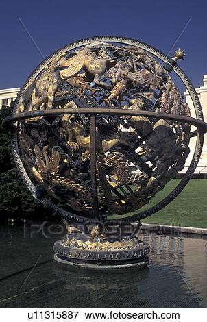 UN, Switzerland, Geneva, Palais des Nations Grounds, Globe of the world sculpture outside the European Headquarters of the United Nations in the city of Geneva. View Large Photo Image Stock Photo - UN, Switzerland, Geneva, Palais des Nations Grounds, Globe of the world sculpture outside the European Headquarters of the United Nations in the city of Geneva.. Fotosearch