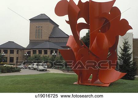 Stock Photography -  university, Ann Arbor, MI, Michigan, Red sculpture on the North Campus of the University of Michigan in Ann Arbor.. Fotosearch