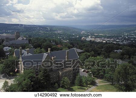 Stock Image -  university, Cornell, Ithaca, NY, New York, Finger Lakes, Aerial view of the campus of Cornell University from the University Clock Tower.. Fotosearch