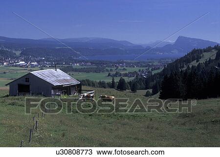 Stock Image -  Vallee de Joux, Switzerland, Vaud, Jura Mountains, Scenic view of farms and villages in Vallee de Joux in the Jura mountain region.. Fotosearch