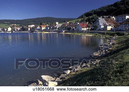 Stock Photo -  Vallee de Joux, Switzerland, Vaud, Scenic village of Le Pont along Lac de Joux in the Jura mountain region.. Fotosearch