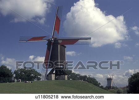 windmill, Bruges, Brugge, Belgium, West-Vlaanderen, Europe, Windmills along a canal in Brugge. View Large Photo Image Stock Photo - windmill, Bruges, Brugge, Belgium, West-Vlaanderen, Europe, Windmills along a canal in Brugge.. Fotosearch