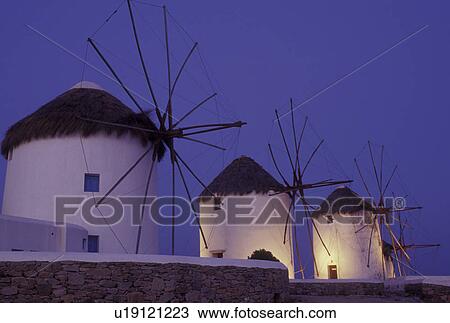 windmill, Mykonos, Greek Islands, Cyclades, Greece, Europe, Windmills on Mykonos in the evening. View Large Photo Image Stock Image - windmill, Mykonos, Greek Islands, Cyclades, Greece, Europe, Windmills on Mykonos in the evening.. Fotosearch