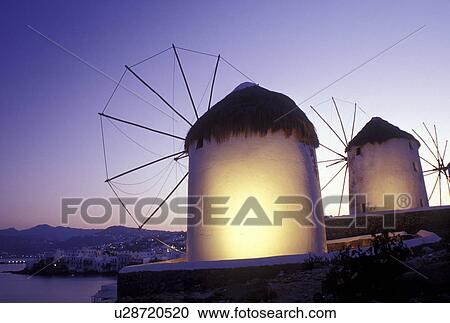 windmill, Mykonos, Greek Islands, Cyclades, Greece, Europe, Windmills on Mykonos in the evening. View Large Photo Image Stock Image - windmill, Mykonos, Greek Islands, Cyclades, Greece, Europe, Windmills on Mykonos in the evening.. Fotosearch