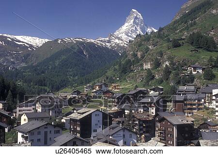 Stock Photography -  Zermatt, Matterhorn, Switzerland, Valais, Alps, Scenic view of the mountain resort village of Zermatt with a view of the Matterhorn in the Swiss Alps.. Fotosearch