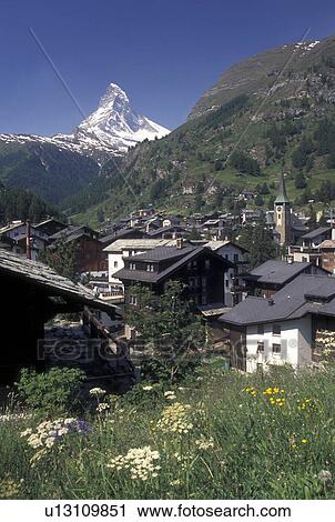 Zermatt, Switzerland, Valais, Alps, Matterhorn, Scenic view of the mountain resort village of Zermatt with a view of the Matterhorn in the Swiss Alps. View Large Photo Image Stock Image - Zermatt, Switzerland, Valais, Alps, Matterhorn, Scenic view of the mountain resort village of Zermatt with a view of the Matterhorn in the Swiss Alps.. Fotosearch