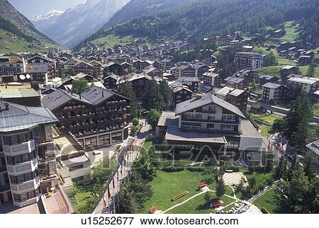 Zermatt, Switzerland, Valais, Alps, Aerial view of the mountain resort village of Zermatt in the Swiss Alps. View Large Photo Image Stock Photo - Zermatt, Switzerland, Valais, Alps, Aerial view of the mountain resort village of Zermatt in the Swiss Alps.. Fotosearch