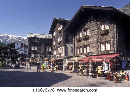 Zermatt, Switzerland, Valais, Alps, Shops along the pedestrian street in the mountain resort village of Zermatt in the Swiss Alps. View Large Photo Image Stock Photo - Zermatt, Switzerland, Valais, Alps, Shops along the pedestrian street in the mountain resort village of Zermatt in the Swiss Alps.. Fotosearch