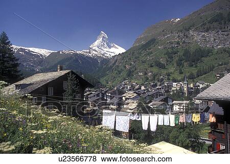 Zermatt, Switzerland, Valais, Alps, Matterhorn, Scenic view of the mountain resort village of Zermatt with a view of the Matterhorn in the Swiss Alps. View Large Photo Image Stock Photo - Zermatt, Switzerland, Valais, Alps, Matterhorn, Scenic view of the mountain resort village of Zermatt with a view of the Matterhorn in the Swiss Alps.. Fotosearch