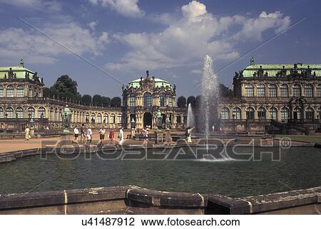 Stock Image -  Zwinger Palace, Dresden, Germany, Sachen, Saxony, Europe, Fountain on the grounds of The Zwinger a baroque palace built in 1728.. Fotosearch