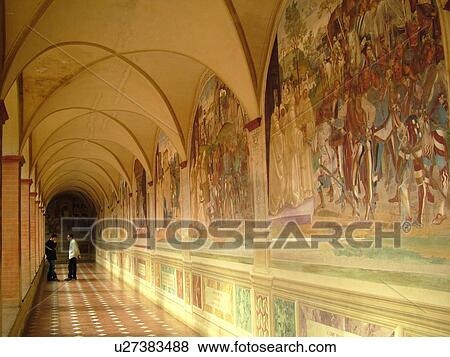 abbey, Monte Oliveto Maggiore, Buonconvento, Tuscany, Toscana, Italy, Europe, Frescoes inside the arcade of the Abbazia di Monte Oliveto Maggiore. View Large Photo Image Stock Photo - abbey, Monte Oliveto Maggiore, Buonconvento, Tuscany, Toscana, Italy, Europe, Frescoes inside the arcade of the Abbazia di Monte Oliveto Maggiore.. Fotosearch