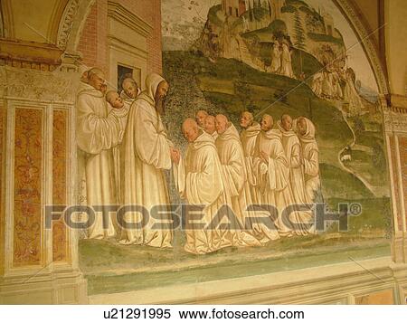 Stock Photography -  abbey, Tuscany, Italy, Buonconvento, Monte Oliveto Maggiore, Toscana, Europe, Frescoes inside the Abbazia di Monte Oliveto Maggiore.. Fotosearch