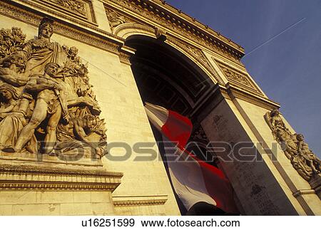 Stock Photo -  Arc de Triomphe, Paris, Ile de France, France, Europe, The French Flag hangs inside the Arc de Triomphe in Paris at Place Charles de Gaulle Etoile.. Fotosearch