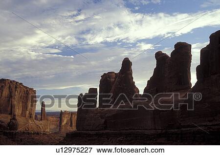 Stock Photo -  Arches National Park, Moab, UT, Utah, Scenic view of Courthouse Towers in Arches Nat'l Park in Moab. . Fotosearch