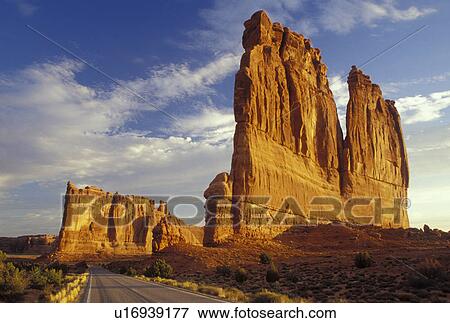 Arches National Park, Moab, UT, Utah, Scenic view of Courthouse Towers along the park road in Arches Nat'l Park in Moab. View Large Photo Image Stock Photo - Arches National Park, Moab, UT, Utah, Scenic view of Courthouse Towers along the park road in Arches Nat'l Park in Moab. . Fotosearch